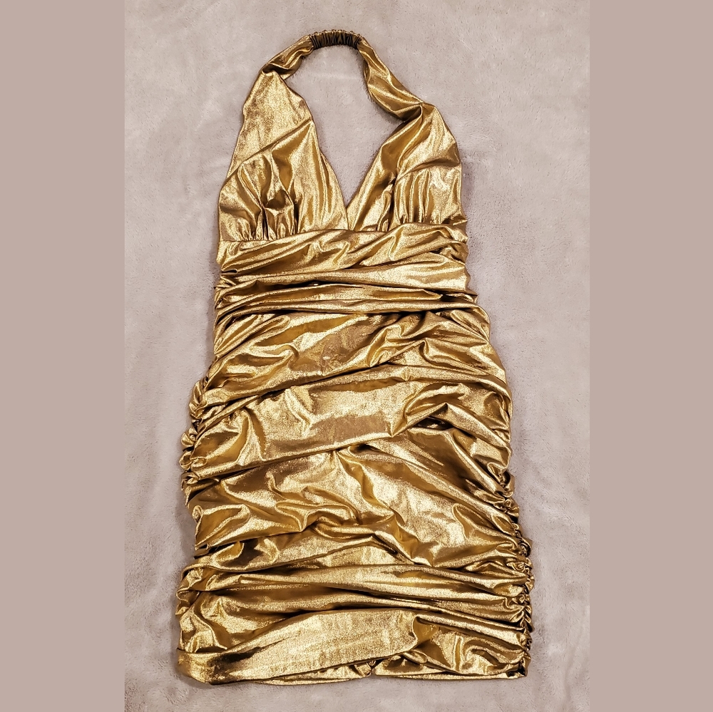 BEBE Metallic Gold Mini Dress | Size L